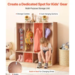 VEVOR 4-Section Kids Coat Locker, Wooden Toddler Cubby Storage Organizer with 8 Hooks & Non-Slip Mat, Modern Kid Coat Cubbies with 4 Small Open Storage Boxes for Home, Kindergarten, Daycare, Natural