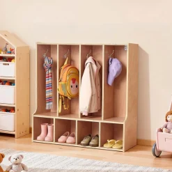 VEVOR 4-Section Kids Coat Locker, Wooden Toddler Cubby Storage Organizer with 8 Hooks & Non-Slip Mat, Modern Kid Coat Cubbies with 4 Small Open Storage Boxes for Home, Kindergarten, Daycare, Natural