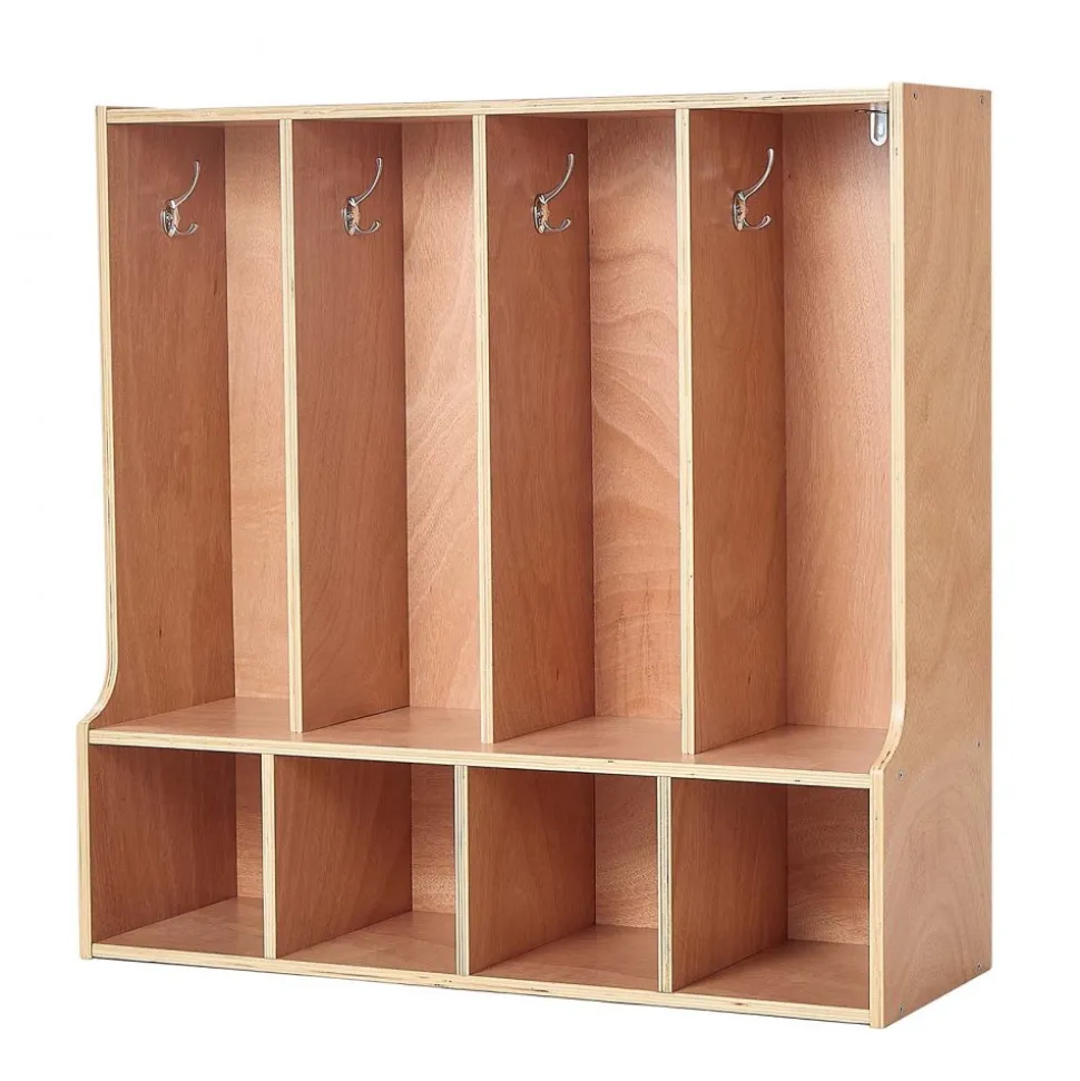 VEVOR 4-Section Kids Coat Locker, Wooden Toddler Cubby Storage Organizer with 8 Hooks & Non-Slip Mat, Modern Kid Coat Cubbies with 4 Small Open Storage Boxes for Home, Kindergarten, Daycare, Natural