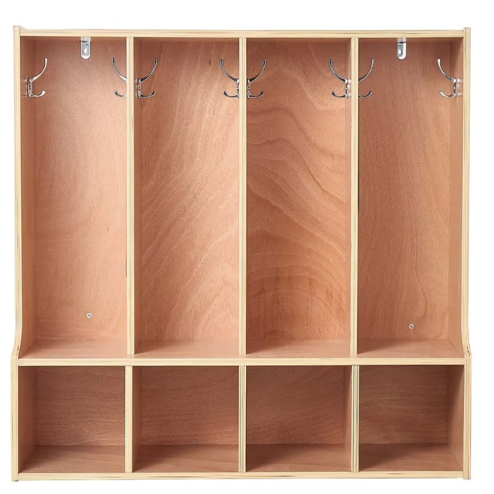 VEVOR 4-Section Kids Coat Locker, Wooden Toddler Cubby Storage Organizer with 8 Hooks & Non-Slip Mat, Modern Kid Coat Cubbies with 4 Small Open Storage Boxes for Home, Kindergarten, Daycare, Natural