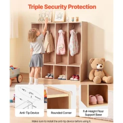 VEVOR 4-Section Kids Coat Locker, Wooden Toddler Cubby Storage Organizer with 8 Hooks & Non-Slip Mat, Modern Kid Coat Cubbies with 4 Small Open Storage Boxes for Home, Kindergarten, Daycare, Natural