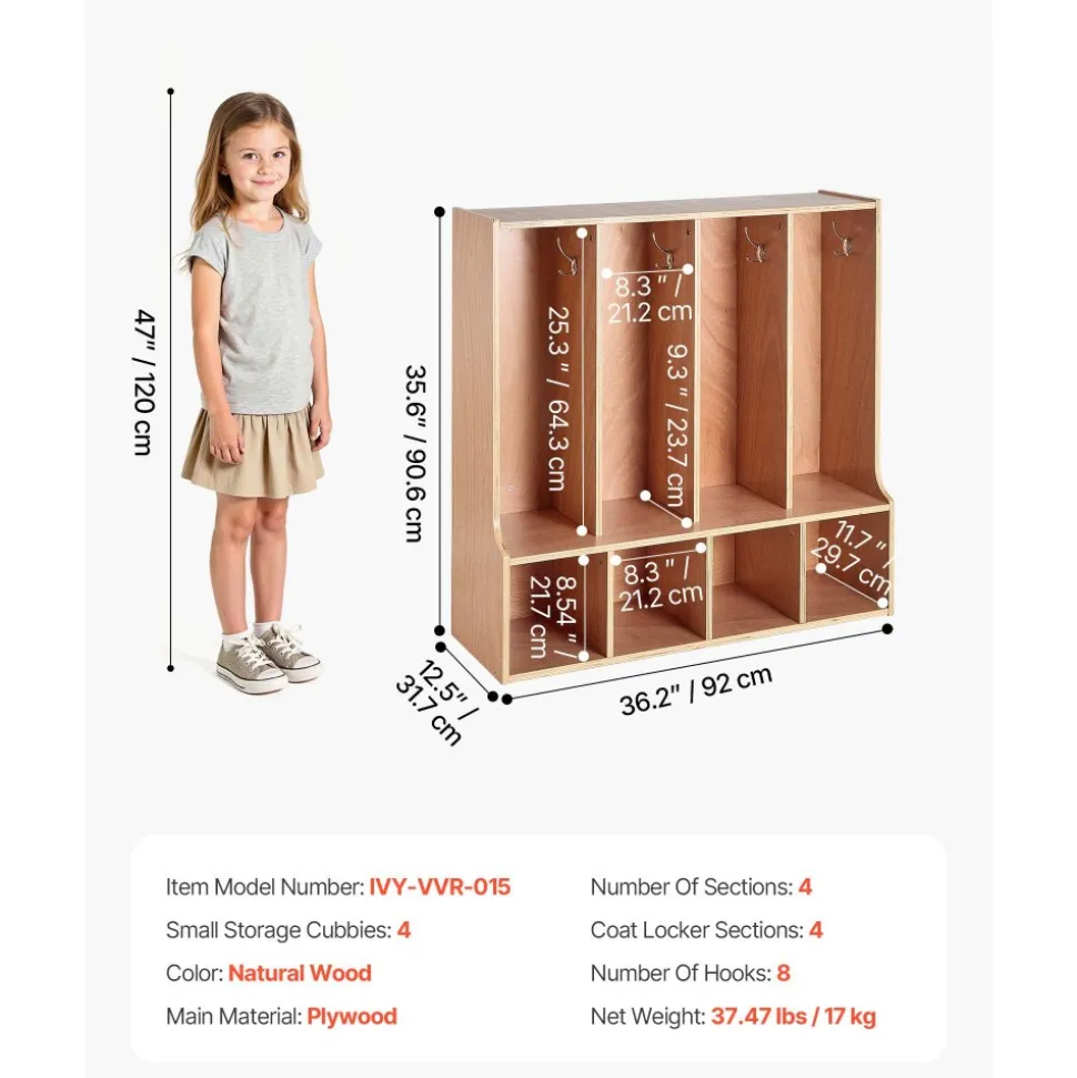 VEVOR 4-Section Kids Coat Locker, Wooden Toddler Cubby Storage Organizer with 8 Hooks & Non-Slip Mat, Modern Kid Coat Cubbies with 4 Small Open Storage Boxes for Home, Kindergarten, Daycare, Natural