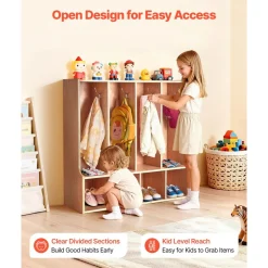 VEVOR 4-Section Kids Coat Locker, Wooden Toddler Cubby Storage Organizer with 8 Hooks & Non-Slip Mat, Modern Kid Coat Cubbies with 4 Small Open Storage Boxes for Home, Kindergarten, Daycare, Natural