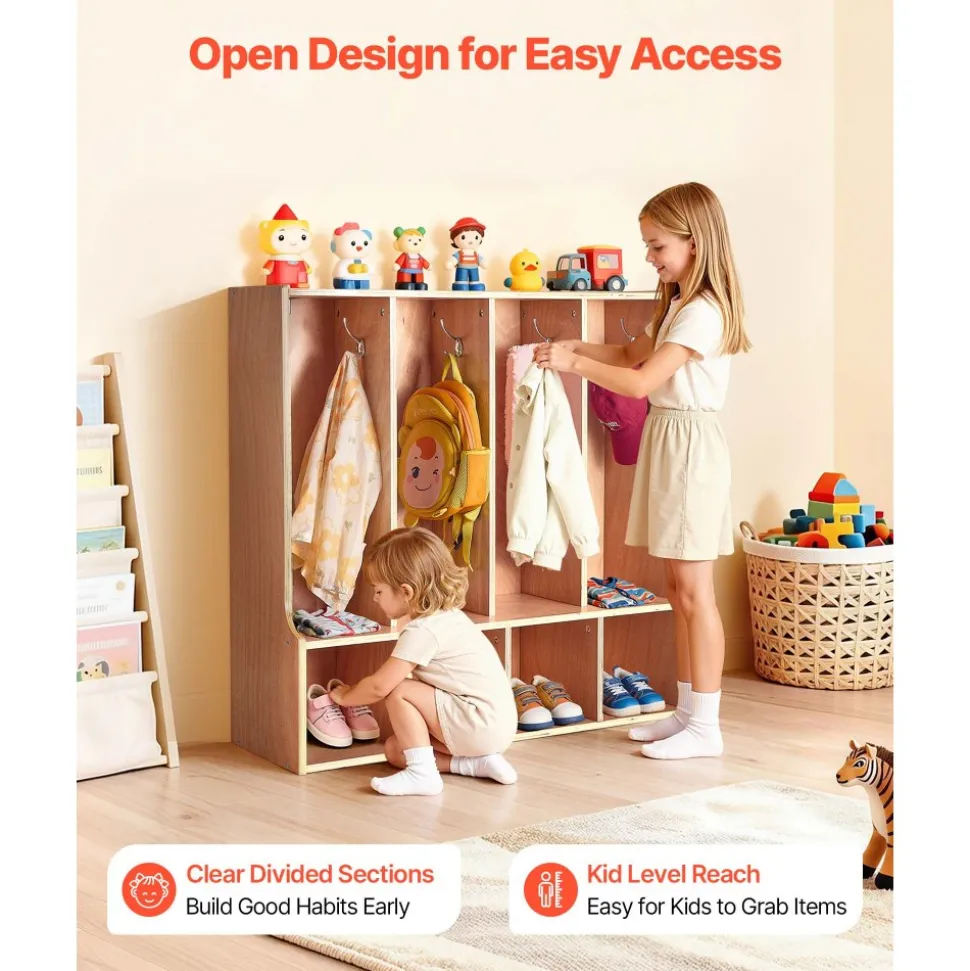 VEVOR 4-Section Kids Coat Locker, Wooden Toddler Cubby Storage Organizer with 8 Hooks & Non-Slip Mat, Modern Kid Coat Cubbies with 4 Small Open Storage Boxes for Home, Kindergarten, Daycare, Natural