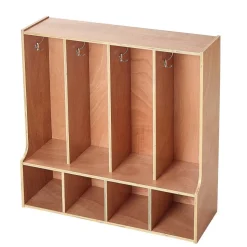 VEVOR 4-Section Kids Coat Locker, Wooden Toddler Cubby Storage Organizer with 8 Hooks & Non-Slip Mat, Modern Kid Coat Cubbies with 4 Small Open Storage Boxes for Home, Kindergarten, Daycare, Natural