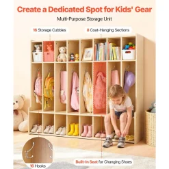 VEVOR 2-Section Kids Coat Locker, Wooden Toddler Cubby Storage Organizer with 4 Hooks & Anti-Tip Kit, Modern Kid Coat Cubbies with 4 Small Open Storage Boxes for Home, Kindergarten, Daycare, Natural
