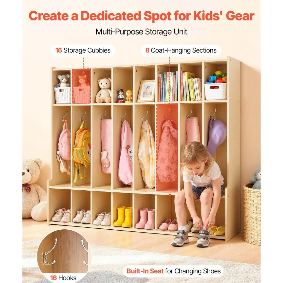 VEVOR 2-Section Kids Coat Locker, Wooden Toddler Cubby Storage Organizer with 4 Hooks & Anti-Tip Kit, Modern Kid Coat Cubbies with 4 Small Open Storage Boxes for Home, Kindergarten, Daycare, Natural