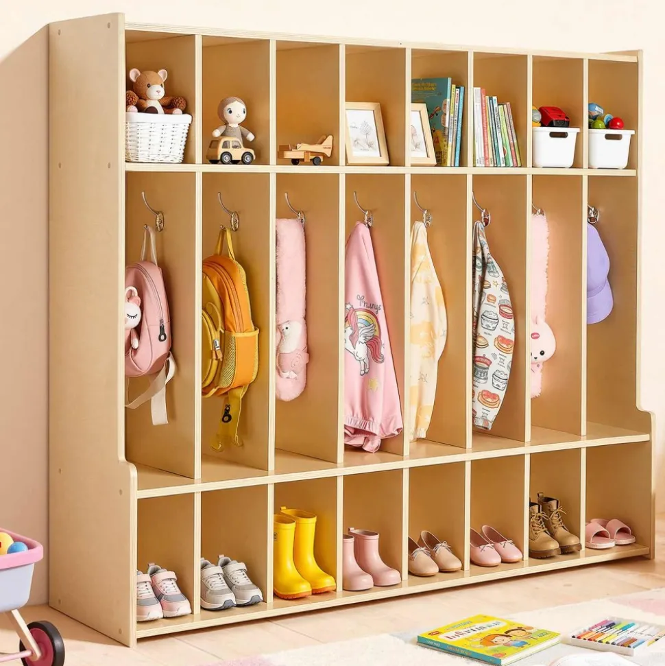 VEVOR 2-Section Kids Coat Locker, Wooden Toddler Cubby Storage Organizer with 4 Hooks & Anti-Tip Kit, Modern Kid Coat Cubbies with 4 Small Open Storage Boxes for Home, Kindergarten, Daycare, Natural