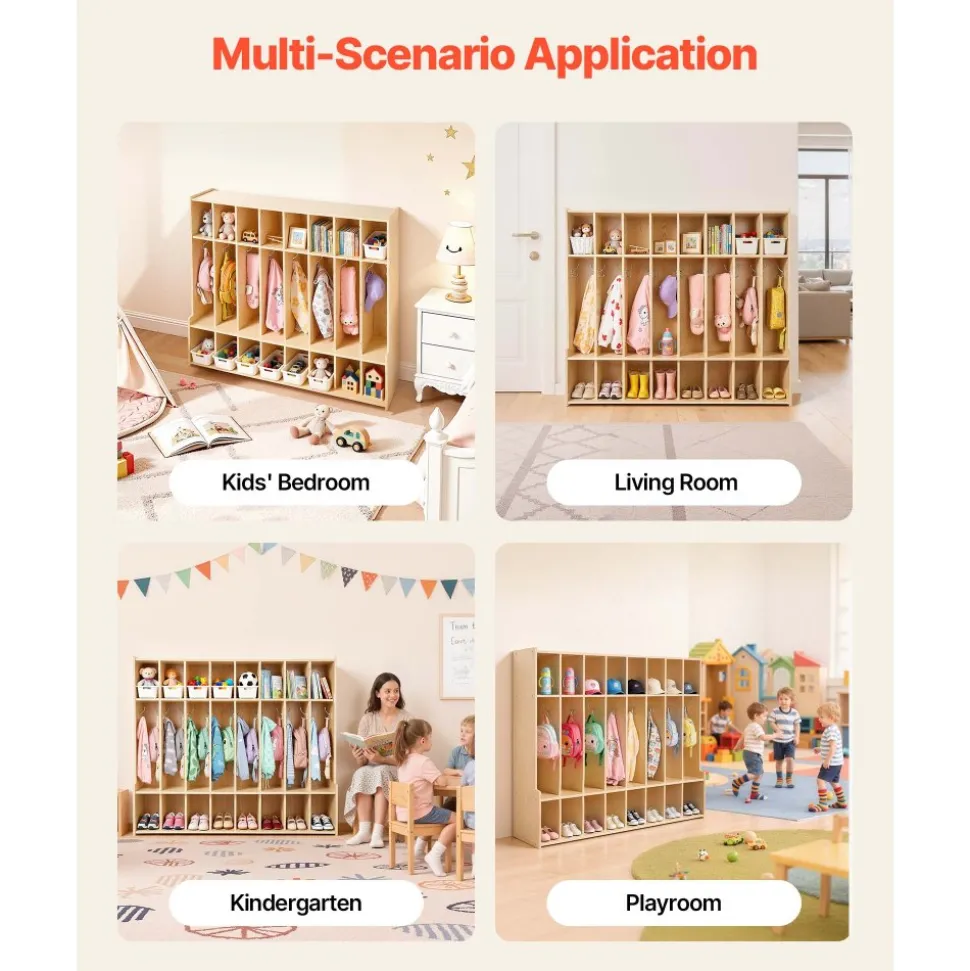 VEVOR 2-Section Kids Coat Locker, Wooden Toddler Cubby Storage Organizer with 4 Hooks & Anti-Tip Kit, Modern Kid Coat Cubbies with 4 Small Open Storage Boxes for Home, Kindergarten, Daycare, Natural
