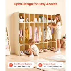 VEVOR 2-Section Kids Coat Locker, Wooden Toddler Cubby Storage Organizer with 4 Hooks & Anti-Tip Kit, Modern Kid Coat Cubbies with 4 Small Open Storage Boxes for Home, Kindergarten, Daycare, Natural