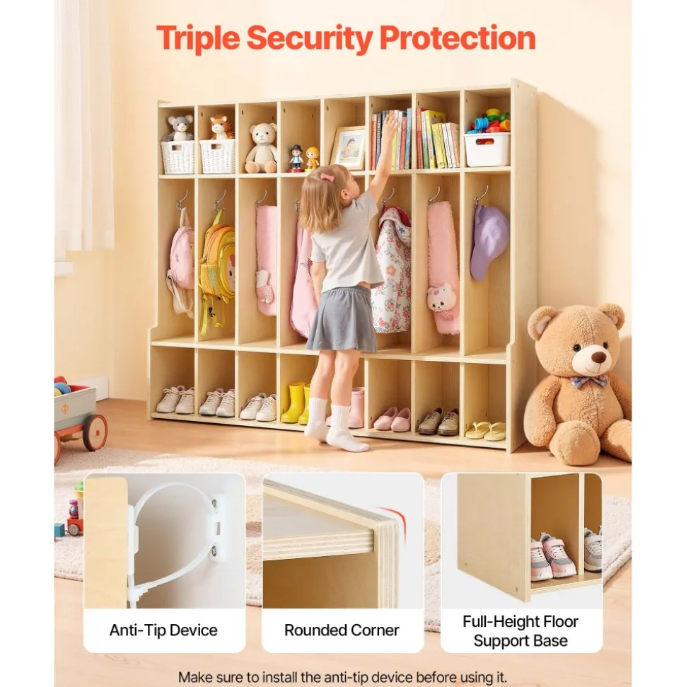 VEVOR 2-Section Kids Coat Locker, Wooden Toddler Cubby Storage Organizer with 4 Hooks & Anti-Tip Kit, Modern Kid Coat Cubbies with 4 Small Open Storage Boxes for Home, Kindergarten, Daycare, Natural