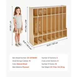 VEVOR 2-Section Kids Coat Locker, Wooden Toddler Cubby Storage Organizer with 4 Hooks & Anti-Tip Kit, Modern Kid Coat Cubbies with 4 Small Open Storage Boxes for Home, Kindergarten, Daycare, Natural