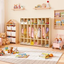 VEVOR 2-Section Kids Coat Locker, Wooden Toddler Cubby Storage Organizer with 4 Hooks & Anti-Tip Kit, Modern Kid Coat Cubbies with 4 Small Open Storage Boxes for Home, Kindergarten, Daycare, Natural