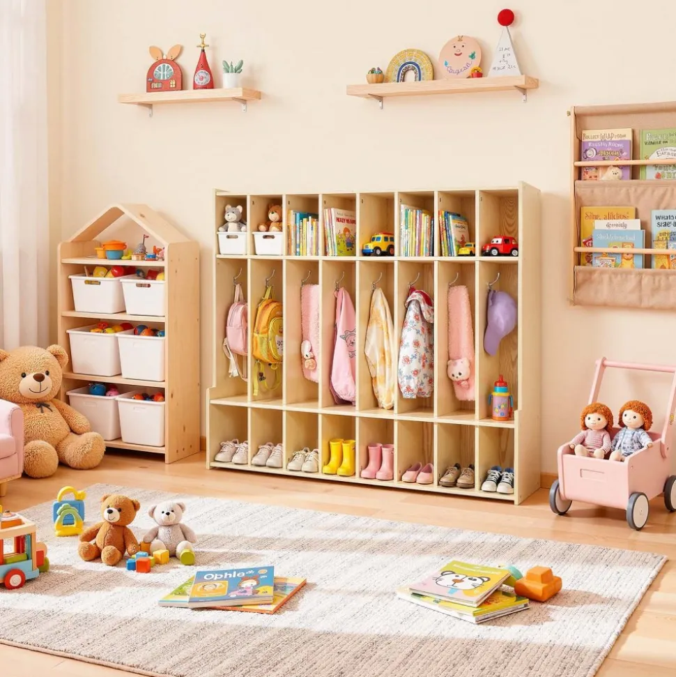 VEVOR 2-Section Kids Coat Locker, Wooden Toddler Cubby Storage Organizer with 4 Hooks & Anti-Tip Kit, Modern Kid Coat Cubbies with 4 Small Open Storage Boxes for Home, Kindergarten, Daycare, Natural