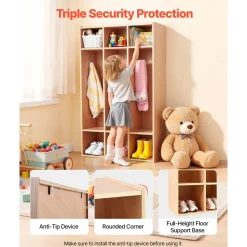 VEVOR 3-Section Kids Coat Locker, Wooden Toddler Cubby Storage Organizer with 6 Hooks & Non-Slip Mat, Modern Kid Coat Cubbies with 6 Small Open Storage Boxes for Home, Kindergarten, Daycare, Natural