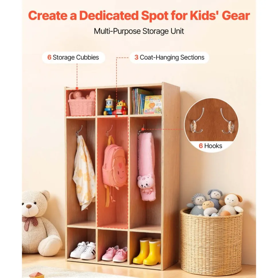 VEVOR 3-Section Kids Coat Locker, Wooden Toddler Cubby Storage Organizer with 6 Hooks & Non-Slip Mat, Modern Kid Coat Cubbies with 6 Small Open Storage Boxes for Home, Kindergarten, Daycare, Natural