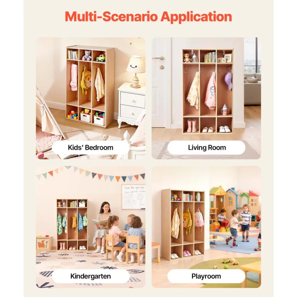 VEVOR 3-Section Kids Coat Locker, Wooden Toddler Cubby Storage Organizer with 6 Hooks & Non-Slip Mat, Modern Kid Coat Cubbies with 6 Small Open Storage Boxes for Home, Kindergarten, Daycare, Natural