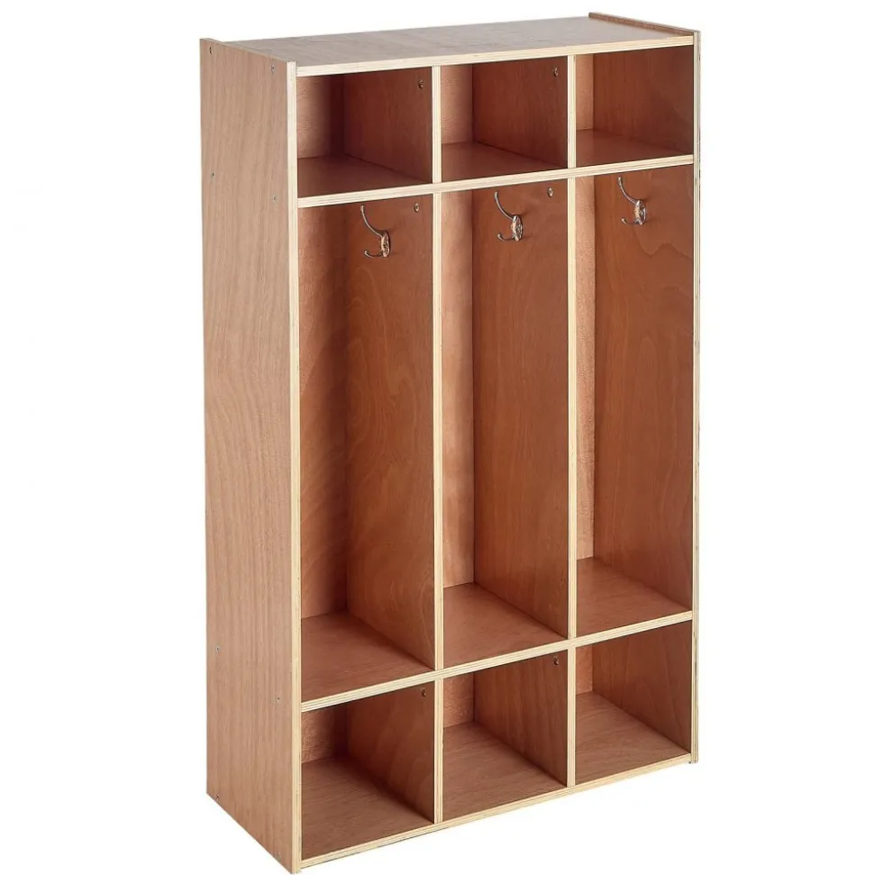 VEVOR 3-Section Kids Coat Locker, Wooden Toddler Cubby Storage Organizer with 6 Hooks & Non-Slip Mat, Modern Kid Coat Cubbies with 6 Small Open Storage Boxes for Home, Kindergarten, Daycare, Natural