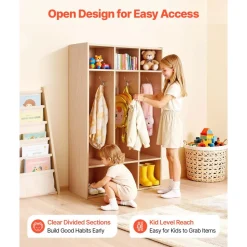 VEVOR 3-Section Kids Coat Locker, Wooden Toddler Cubby Storage Organizer with 6 Hooks & Non-Slip Mat, Modern Kid Coat Cubbies with 6 Small Open Storage Boxes for Home, Kindergarten, Daycare, Natural
