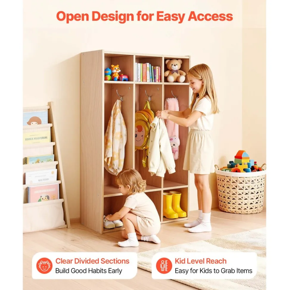 VEVOR 3-Section Kids Coat Locker, Wooden Toddler Cubby Storage Organizer with 6 Hooks & Non-Slip Mat, Modern Kid Coat Cubbies with 6 Small Open Storage Boxes for Home, Kindergarten, Daycare, Natural