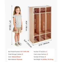 VEVOR 3-Section Kids Coat Locker, Wooden Toddler Cubby Storage Organizer with 6 Hooks & Non-Slip Mat, Modern Kid Coat Cubbies with 6 Small Open Storage Boxes for Home, Kindergarten, Daycare, Natural
