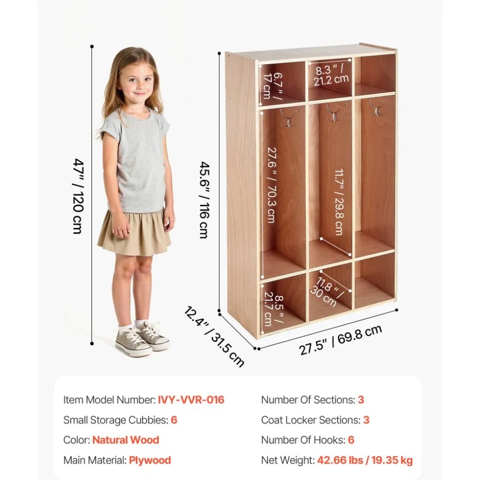 VEVOR 3-Section Kids Coat Locker, Wooden Toddler Cubby Storage Organizer with 6 Hooks & Non-Slip Mat, Modern Kid Coat Cubbies with 6 Small Open Storage Boxes for Home, Kindergarten, Daycare, Natural