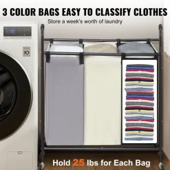 VEVOR 3-Section Laundry Basket, Heavy Duty Laundry Hamper Storage Organizer, Laundry Sorter Cart with Heavy Duty Lockable Wheels for Dirty Clothes in Laundry Room Bedroom