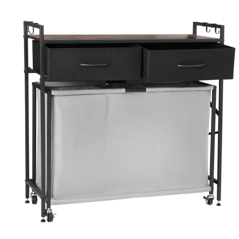 VEVOR 3 Section Laundry Sorter, Rolling Laundry Hamper with 2 Drawers, Hooks & Wheels, Rolling Basket Organizer Storage with Pull-Out Rolling Bags and Wooden Tabletop for Dirty Clothes, Bathroom
