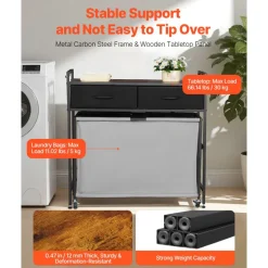 VEVOR 3 Section Laundry Sorter, Rolling Laundry Hamper with 2 Drawers, Hooks & Wheels, Rolling Basket Organizer Storage with Pull-Out Rolling Bags and Wooden Tabletop for Dirty Clothes, Bathroom