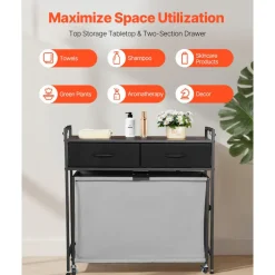 VEVOR 3 Section Laundry Sorter, Rolling Laundry Hamper with 2 Drawers, Hooks & Wheels, Rolling Basket Organizer Storage with Pull-Out Rolling Bags and Wooden Tabletop for Dirty Clothes, Bathroom