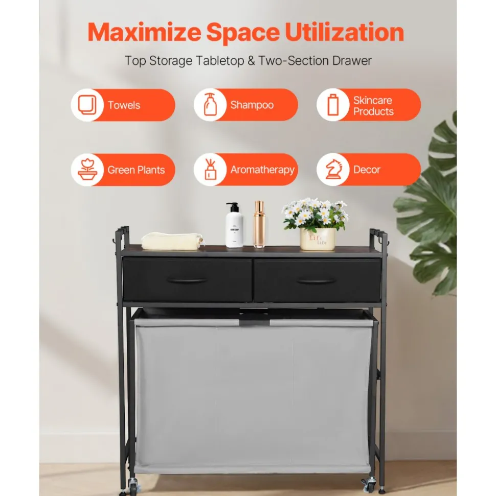 VEVOR 3 Section Laundry Sorter, Rolling Laundry Hamper with 2 Drawers, Hooks & Wheels, Rolling Basket Organizer Storage with Pull-Out Rolling Bags and Wooden Tabletop for Dirty Clothes, Bathroom
