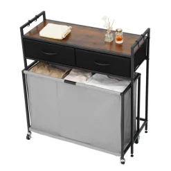 VEVOR 3 Section Laundry Sorter, Rolling Laundry Hamper with 2 Drawers, Hooks & Wheels, Rolling Basket Organizer Storage with Pull-Out Rolling Bags and Wooden Tabletop for Dirty Clothes, Bathroom