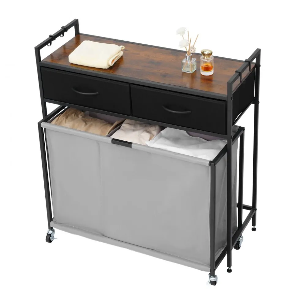 VEVOR 3 Section Laundry Sorter, Rolling Laundry Hamper with 2 Drawers, Hooks & Wheels, Rolling Basket Organizer Storage with Pull-Out Rolling Bags and Wooden Tabletop for Dirty Clothes, Bathroom