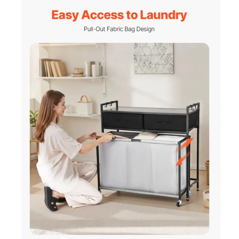 VEVOR 3 Section Laundry Sorter, Rolling Laundry Hamper with 2 Drawers, Hooks & Wheels, Rolling Basket Organizer Storage with Pull-Out Rolling Bags and Wooden Tabletop for Dirty Clothes, Bathroom
