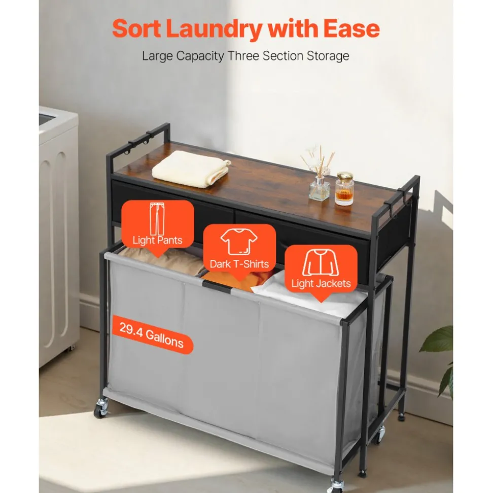 VEVOR 3 Section Laundry Sorter, Rolling Laundry Hamper with 2 Drawers, Hooks & Wheels, Rolling Basket Organizer Storage with Pull-Out Rolling Bags and Wooden Tabletop for Dirty Clothes, Bathroom
