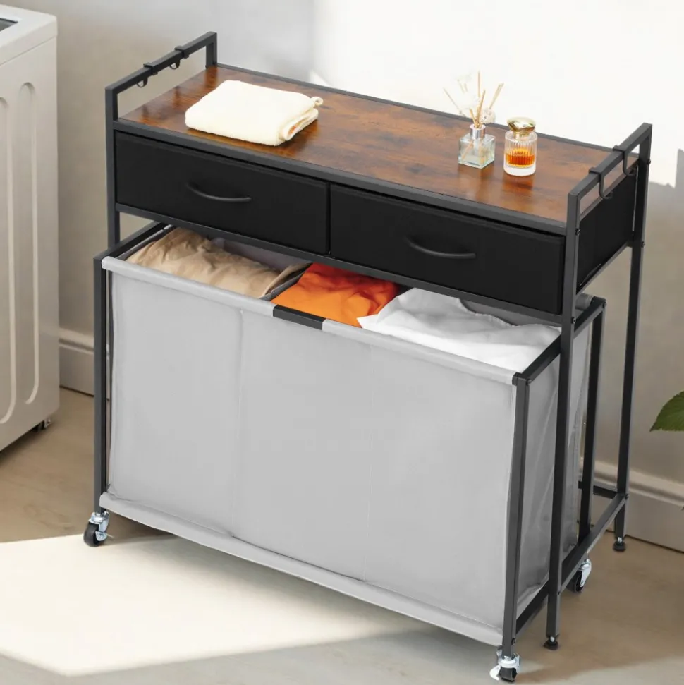 VEVOR 3 Section Laundry Sorter, Rolling Laundry Hamper with 2 Drawers, Hooks & Wheels, Rolling Basket Organizer Storage with Pull-Out Rolling Bags and Wooden Tabletop for Dirty Clothes, Bathroom