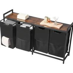 VEVOR 4 Section Laundry Sorter, Large Laundry Hamper with Metal Frame and Wooden Tabletop, Freestanding Storage Organizer Baskets with Pull-Out 600D Oxford Cloth Bags for Dirty Clothes, Bathroom