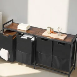 VEVOR 4 Section Laundry Sorter, Large Laundry Hamper with Metal Frame and Wooden Tabletop, Freestanding Storage Organizer Baskets with Pull-Out 600D Oxford Cloth Bags for Dirty Clothes, Bathroom