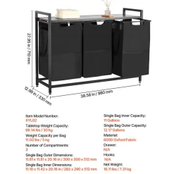 VEVOR 3 Section Laundry Sorter, Large Laundry Hamper with Metal Frame and Wooden Tabletop, Freestanding Storage Organizer Baskets with Pull-Out 600D Oxford Cloth Bags for Dirty Clothes, Bathroom