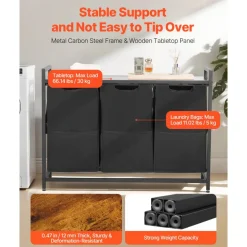 VEVOR 3 Section Laundry Sorter, Large Laundry Hamper with Metal Frame and Wooden Tabletop, Freestanding Storage Organizer Baskets with Pull-Out 600D Oxford Cloth Bags for Dirty Clothes, Bathroom