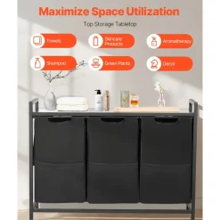 VEVOR 3 Section Laundry Sorter, Large Laundry Hamper with Metal Frame and Wooden Tabletop, Freestanding Storage Organizer Baskets with Pull-Out 600D Oxford Cloth Bags for Dirty Clothes, Bathroom