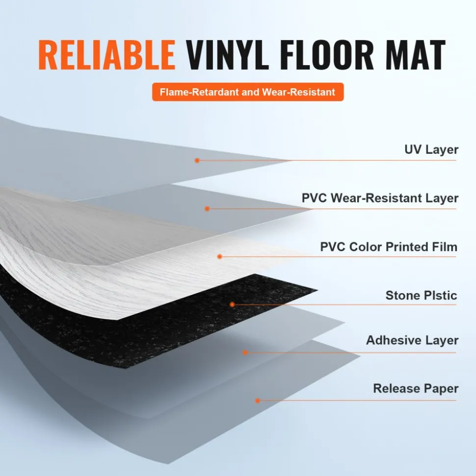 VEVOR Self Adhesive Vinyl Floor Tiles 36 x 6 inch, 36 Tiles 2.5mm Thick Peel & Stick, Light Gray Wood Grain DIY Flooring for Kitchen, Dining Room, Bedrooms & Bathrooms, Easy for Home Decor