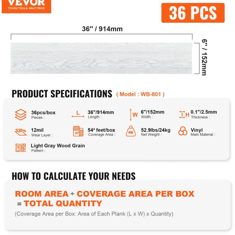 VEVOR Self Adhesive Vinyl Floor Tiles 36 x 6 inch, 36 Tiles 2.5mm Thick Peel & Stick, Light Gray Wood Grain DIY Flooring for Kitchen, Dining Room, Bedrooms & Bathrooms, Easy for Home Decor