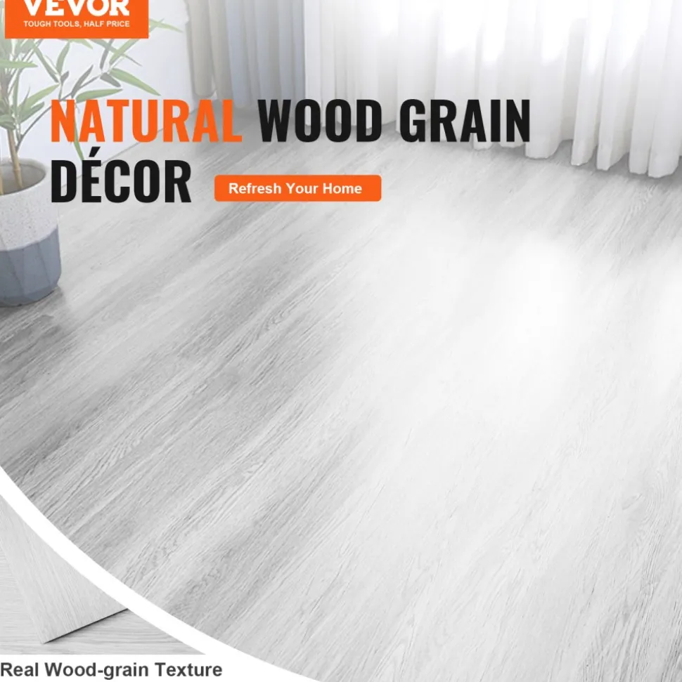 VEVOR Self Adhesive Vinyl Floor Tiles 36 x 6 inch, 36 Tiles 2.5mm Thick Peel & Stick, Light Gray Wood Grain DIY Flooring for Kitchen, Dining Room, Bedrooms & Bathrooms, Easy for Home Decor