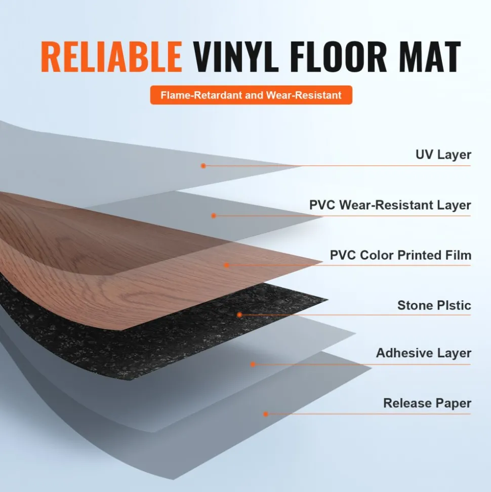 VEVOR Self Adhesive Vinyl Floor Tiles 36 x 6 inch, 36 Tiles 2.5mm Thick Peel & Stick, Deep Brown Wood Grain DIY Flooring for Kitchen, Dining Room, Bedrooms & Bathrooms, Easy for Home Decor