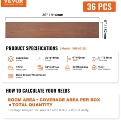 VEVOR Self Adhesive Vinyl Floor Tiles 36 x 6 inch, 36 Tiles 2.5mm Thick Peel & Stick, Deep Brown Wood Grain DIY Flooring for Kitchen, Dining Room, Bedrooms & Bathrooms, Easy for Home Decor