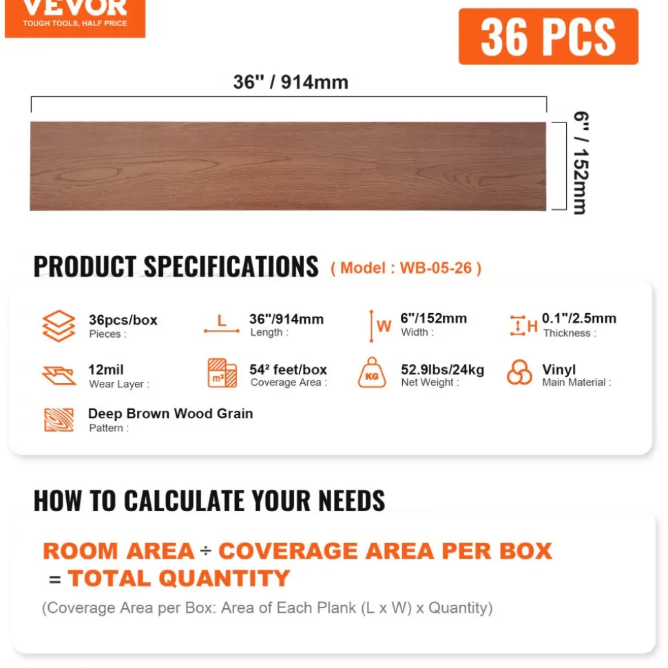 VEVOR Self Adhesive Vinyl Floor Tiles 36 x 6 inch, 36 Tiles 2.5mm Thick Peel & Stick, Deep Brown Wood Grain DIY Flooring for Kitchen, Dining Room, Bedrooms & Bathrooms, Easy for Home Decor