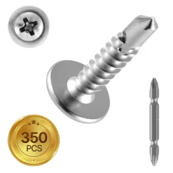VEVOR #8 Self Drilling Wood Screws, 3/4 Inch Long 350 PCS Truss Head Wood Screws, Phillips Drive Quick Metal Self Tapping Screw, Stainless Steel and Full Thread, Screwdriver Bit Included, Silver