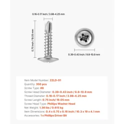 VEVOR #8 Self Drilling Wood Screws, 3/4 Inch Long 350 PCS Truss Head Wood Screws, Phillips Drive Quick Metal Self Tapping Screw, Stainless Steel and Full Thread, Screwdriver Bit Included, Silver