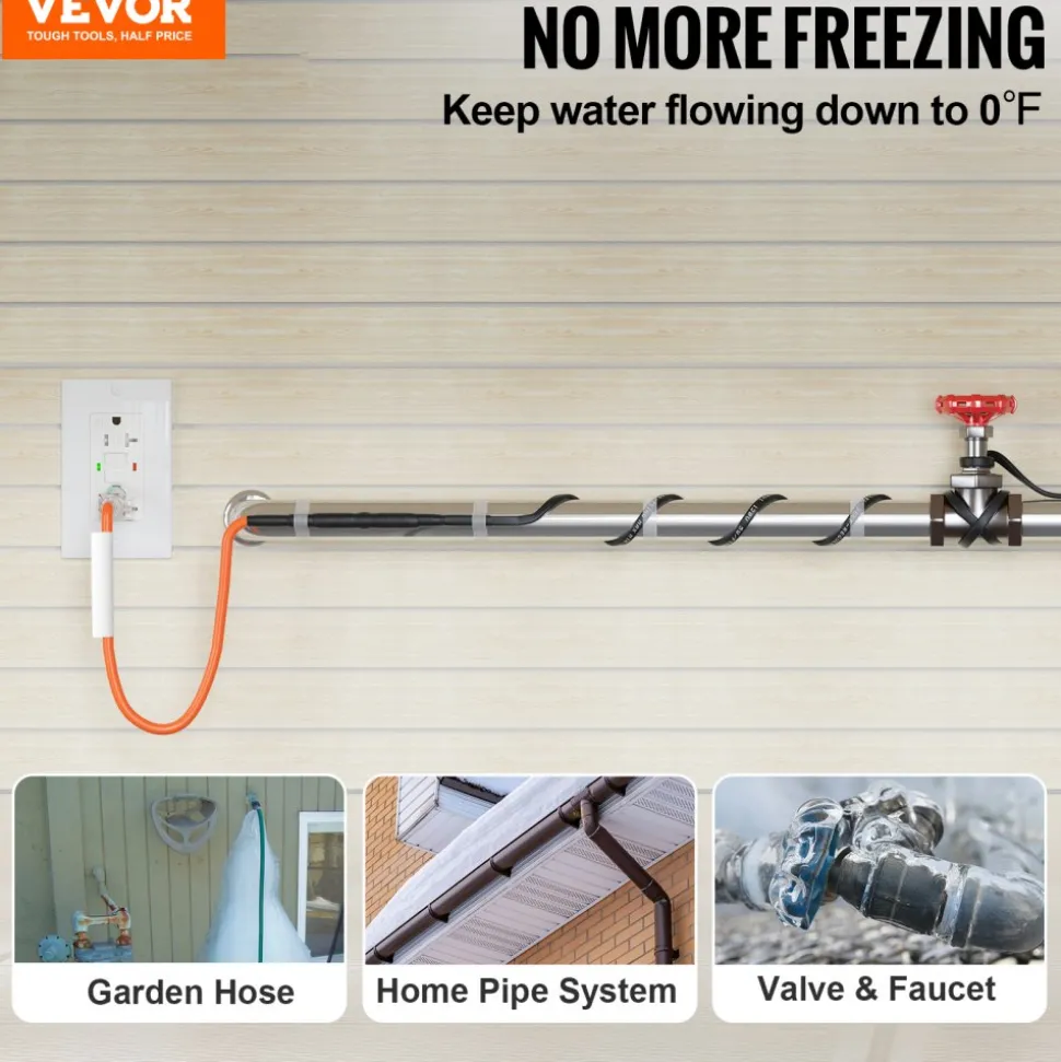 VEVOR Self-Regulating Pipe Heating Cable, 40FT 5W/FT Heat Tape for Pipes Freeze Protection, Water Pipe Heat Cable with Built-in Thermostat Protects PVC Hose, Metal and Plastic Pipe from Freezing